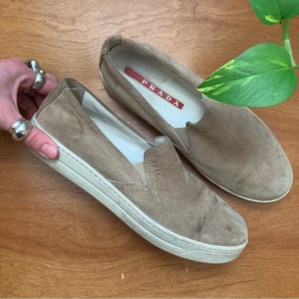BROWN SUEDE PRADA SLIP ON SNEAKERS